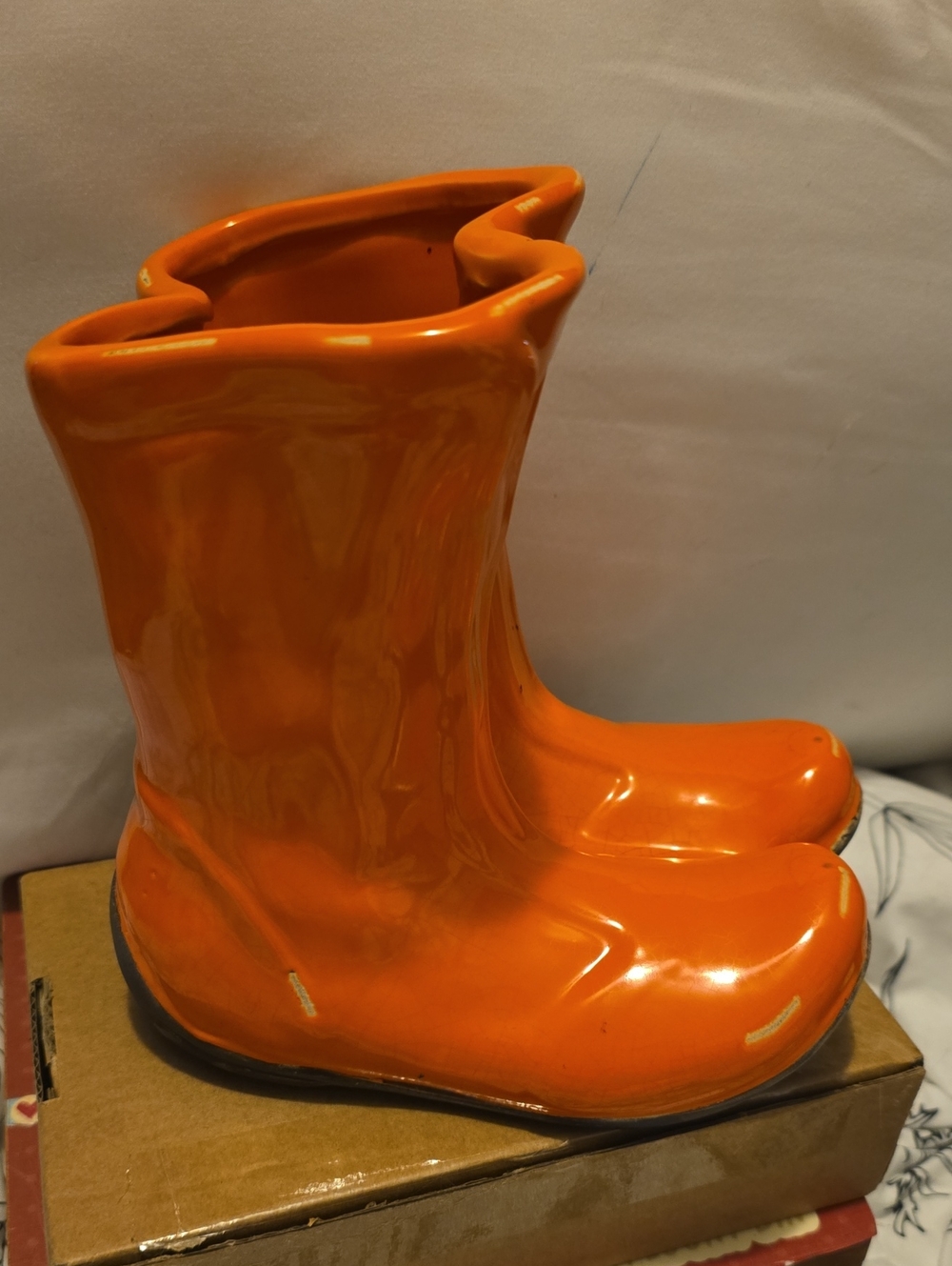 Vintage Orange Ceramic Decorative Rain Rubber Boot Vase Planter 7"